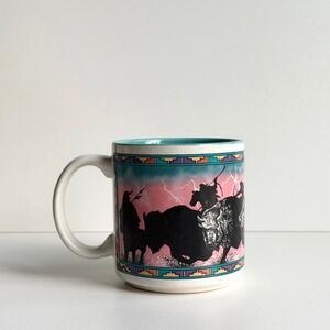 Vintage Native American Coffee Mug Buffalo Hunt Montana 1992 Bison Cheyenne